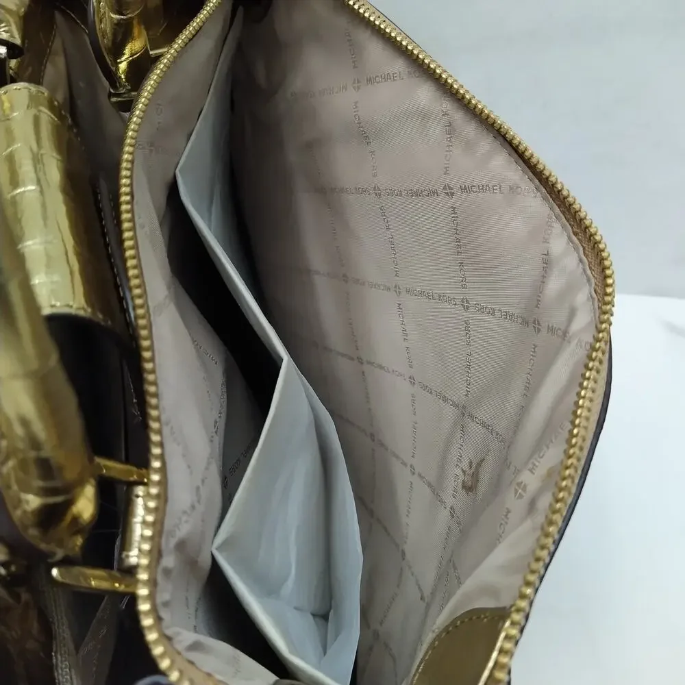 Michael Kors Karla Metallic Gold Leather Crocodile Embossed Satchel Bag - Picture 12 of 16